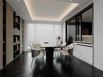 Modern Restaurant Interior Design With Dining Table Chairs Roller Blinds And Dark Wood Floor 3d model