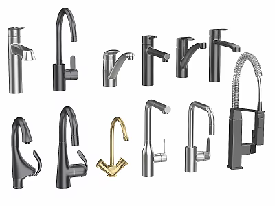 Different Modern Water Faucet Designs Featuring Stainless Steel Brushed Nickel And Gold Finishes 3d model