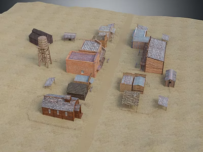 Cartoon Scenery Featuring Small Town Model On Sandy Ground With Water Tower And Houses 3d model