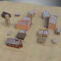 Cartoon Scenery Featuring Small Town Model On Sandy Ground With Water Tower And Houses