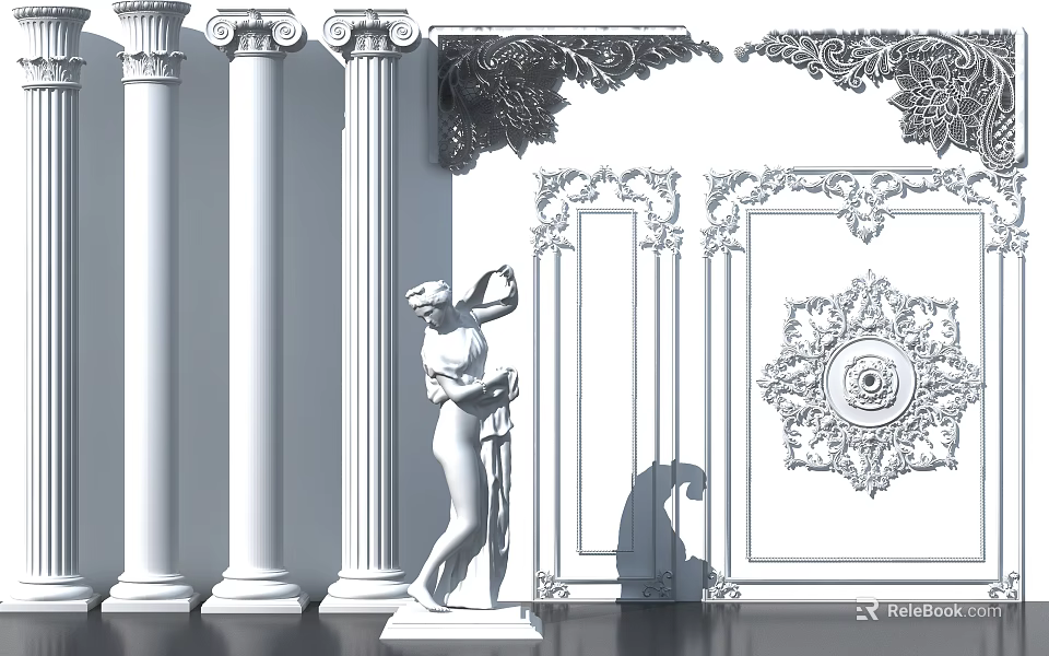 Classical Roman Columns In Elegant Interior With Ornate Carvings And Decorative Wall Statue 3d model 