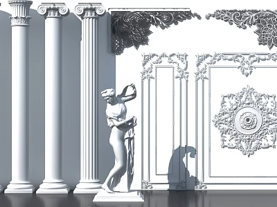Classical Roman Columns In Elegant Interior With Ornate Carvings And Decorative Wall Statue 3d model