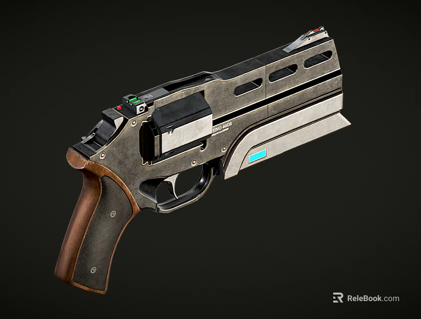 Futuristic Sci Fi Pistol Weapon With Wooden Grip Metallic Body And Blue Light Design 3d model 