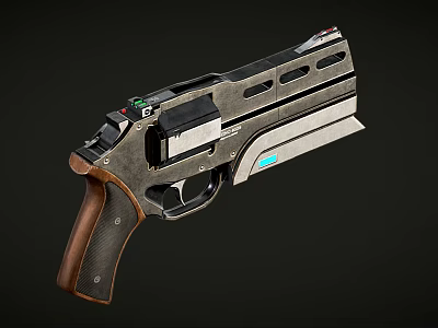Futuristic Sci Fi Pistol Weapon With Wooden Grip Metallic Body And Blue Light Design 3d model