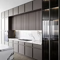 Modern Kitchen Interior With Gray Cabinets Marble Countertop Island And Vertical Striped Backsplash