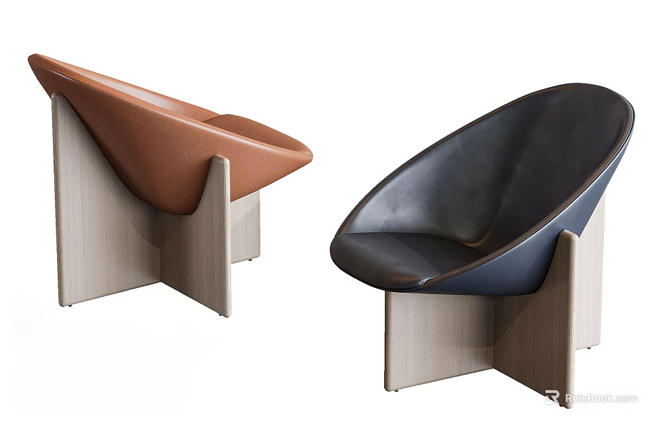 Modern Brown and Black Lounge Chair With Wooden Frame And Curved Leather Seat Design 3d model 