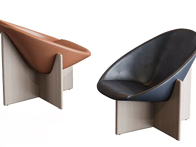 Modern Brown and Black Lounge Chair With Wooden Frame And Curved Leather Seat Design 3d model