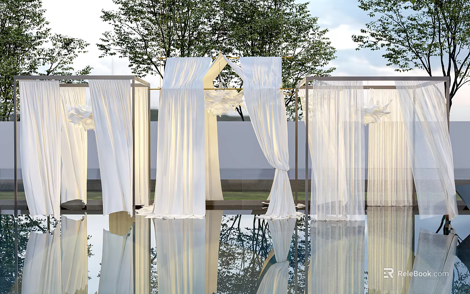 Elegant White Ceiling Drapery For Outdoor Poolside Event With Trees And Reflection 3d model 
