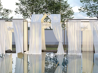 Elegant White Ceiling Drapery For Outdoor Poolside Event With Trees And Reflection 3d model