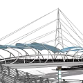 Modern Landscape Bridge Design With Triangular Roof Structure And Blue Canopy Elements 3d model