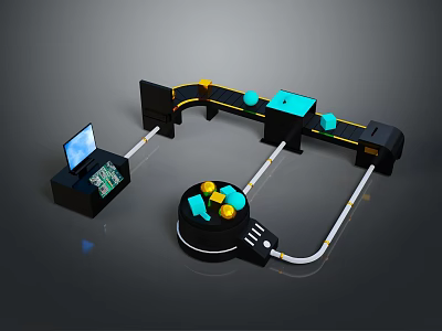 Automated Mechanical Conveyor System With Computer Control And Circular Processing Unit Featuring Blue Yellow Components 3d model