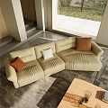 Modern Beige Sofa Set With Throw Pillows Wooden Coffee Table By Window With Tree View 3d model