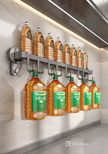 Hanging Olive Oil Condiment Bottles On Wall Mounted Metal Rack In Kitchen 3d model 