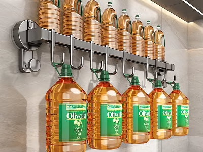 Hanging Olive Oil Condiment Bottles On Wall Mounted Metal Rack In Kitchen 3d model