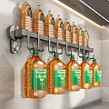 Hanging Olive Oil Condiment Bottles On Wall Mounted Metal Rack In Kitchen