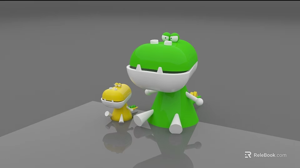 Large Green And Small Yellow Crocodile Shaped Dolls With White Bellies And Mouths Together 3d model 