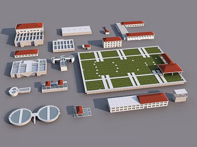 Industrial Factory Complex With Multiple Buildings Red Roof And Green Area Layout Structures 3d model