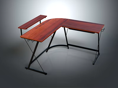 Modern Wooden Curved Computer Desk with Black Metal Frame for Electronic Devices Workstation 3d model