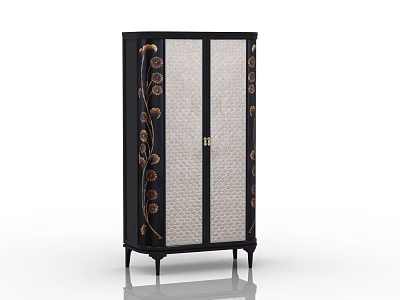 Black Floral Patterned Wardrobe With Glass Doors And Metal Accents On Tapered Legs 3d model