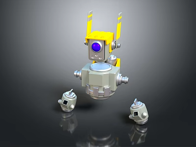 Game Movie Robot Character With Yellow Parts Blue Eye Floating And Small Side Robots 3d model