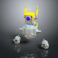Game Movie Robot Character With Yellow Parts Blue Eye Floating And Small Side Robots