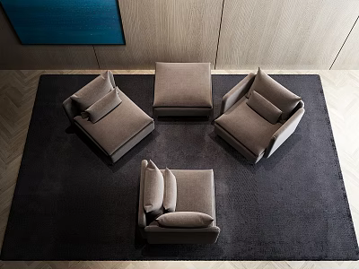 Modern Single Fabric Armchairs In Neutral Tone With Ottoman On Dark Rug And Wooden Wall 3d model