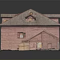 Vintage Cartoon Scene Featuring Weathered Red House with Rusty Roof and Windows