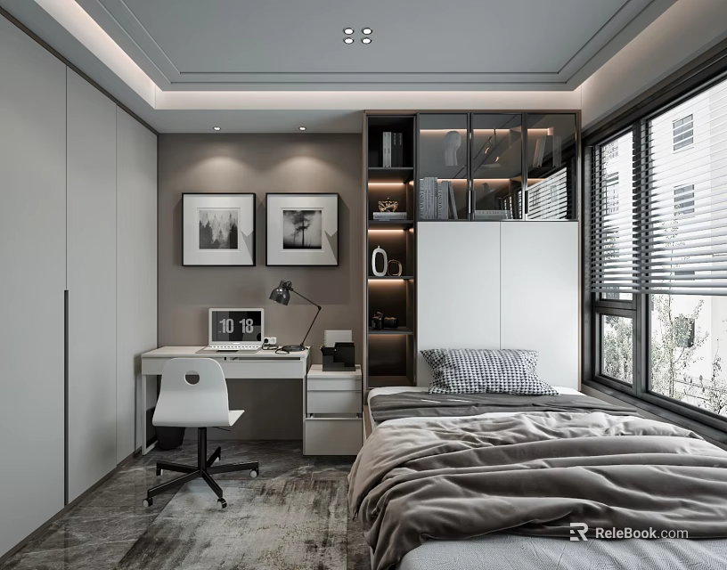 Tatami Bedroom Interior Design With Desk Chair Bookshelf Window And Wall Paintings 3d model 