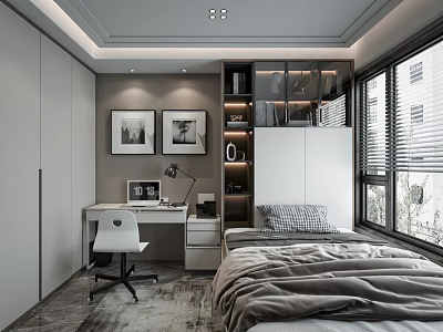 Tatami Bedroom Interior Design With Desk Chair Bookshelf Window And Wall Paintings 3d model
