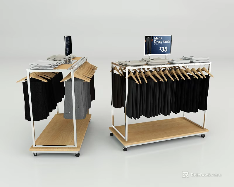 Mobile Clothing Display Racks With Hangers Wooden Shelf Digital Screen And Price 3d model 
