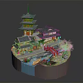 Cartoon Scene of Traditional Pagoda with Bridge Cherry Blossom Tree Boat and Flowing Water