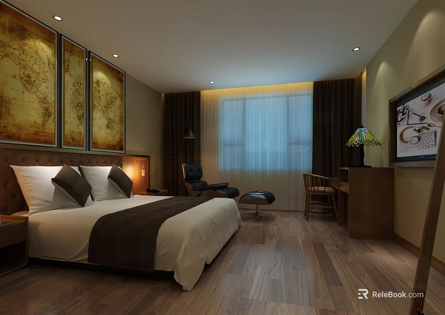 Cozy Hotel Guest Room with King Bed Decorative Paintings Wooden Flooring Desk Chair and TV 3d model 