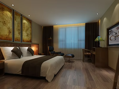 Cozy Hotel Guest Room with King Bed Decorative Paintings Wooden Flooring Desk Chair and TV 3d model