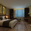 Cozy Hotel Guest Room with King Bed Decorative Paintings Wooden Flooring Desk Chair and TV