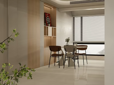Modern Restaurant Interior Design With Wooden Decor Dining Table Chairs And Green Plants 3d model