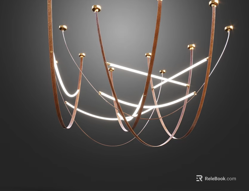 Modern Chandelier With Brown Leather Straps White Light Strips Golden Connectors Against Dark Background 3d model 