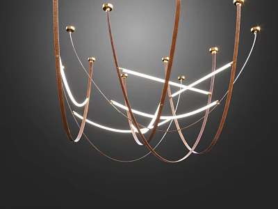 Modern Chandelier With Brown Leather Straps White Light Strips Golden Connectors Against Dark Background 3d model