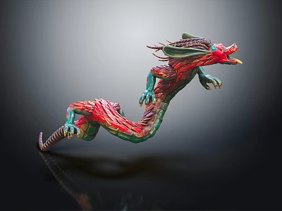 Colorful Dragon Sculpture with Dynamic Flying Pose and Vibrant Red Green Details 3d model
