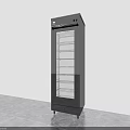 Tall Black Display Cabinet With Glass Door And Multiple Shelves On Gray Tiled Floor