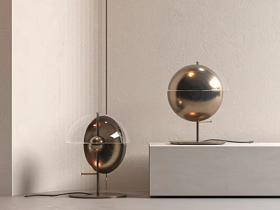 Modern Metallic Table Lamps With Round Design On White Console Table And Light Wall 3d model