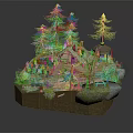 Cartoon Scene Featuring Small Wooden House Pine Trees Vegetable Garden Grass And Stones
