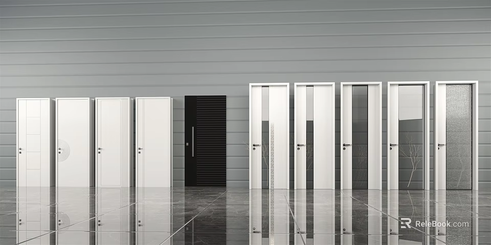 Modern Hinged Doors With Various Designs White Black And Glass Panels In Showroom 3d model 