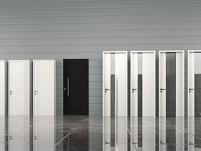 Modern Hinged Doors With Various Designs White Black And Glass Panels In Showroom 3d model