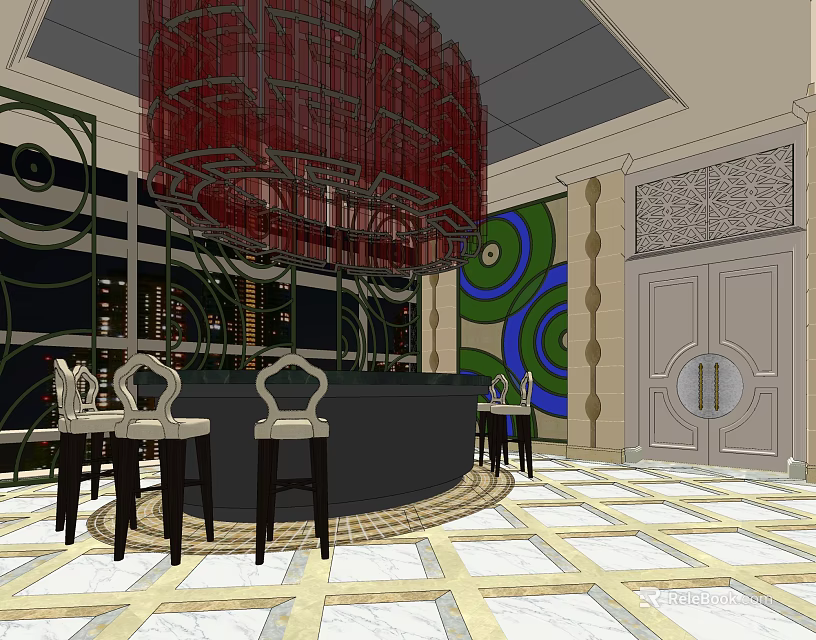 Stylish Private Box Interior With Red Chandelier Round Table Chairs Decorative Walls And Tiled Floor 3d model 