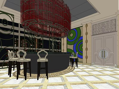 Stylish Private Box Interior With Red Chandelier Round Table Chairs Decorative Walls And Tiled Floor 3d model