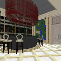 Stylish Private Box Interior With Red Chandelier Round Table Chairs Decorative Walls And Tiled Floor