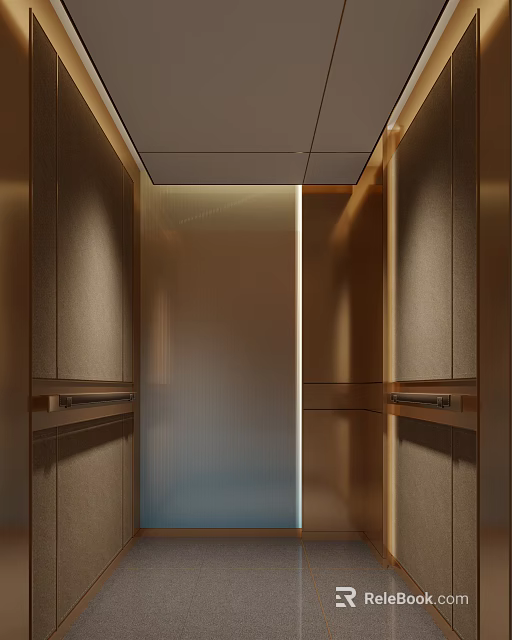 Modern Elevator Interior Design With Wooden Panels Handrails And Lighting 3d model 