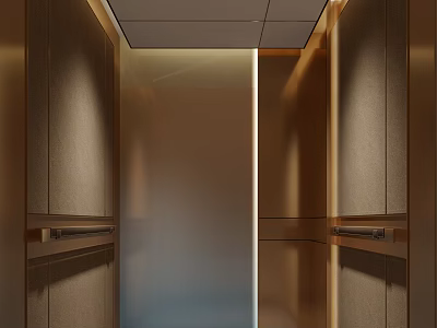 Modern Elevator Interior Design With Wooden Panels Handrails And Lighting 3d model