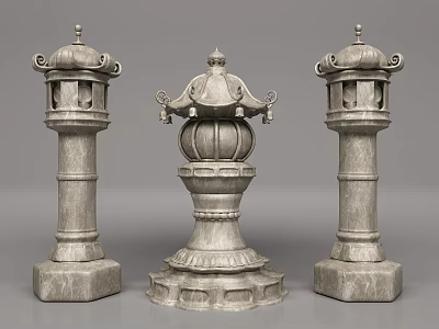 Antique Carved Stone Outdoor Lights With Ornate Tops And Decorative Pillars 3d model