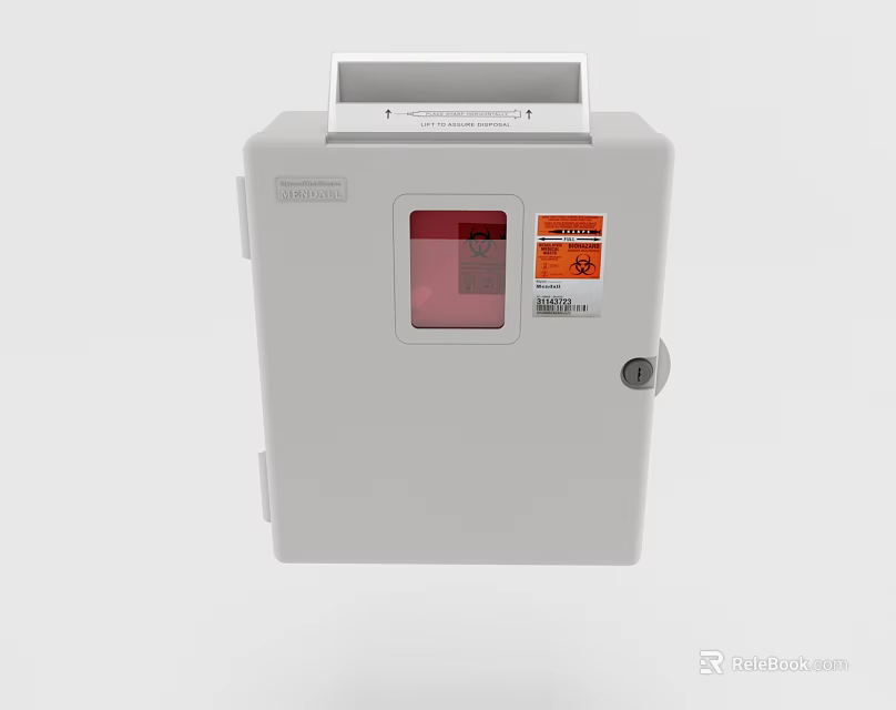 White Medical Device Enclosure Featuring Red Display Screen Safety Lock And Warning Labels 3d model